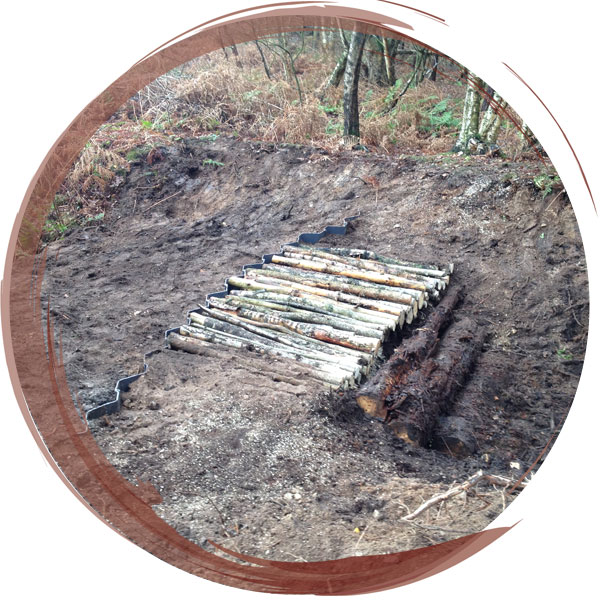 Dam installed on a drain within Delamere Forest.  Interlocking 2m long plastic pilings were used that were reinforced with compacted peat and logs