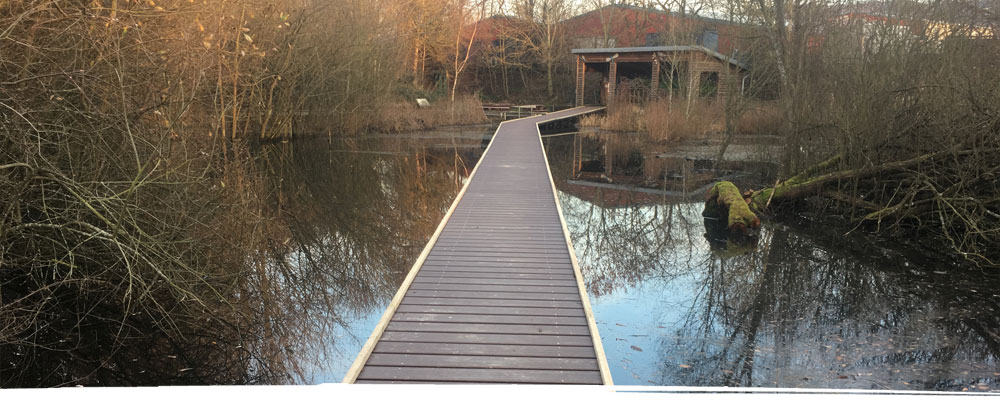 Bridge across pond to conservation hut